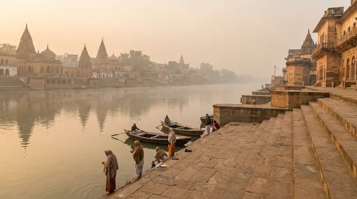 Illustrative image of the Saryu riverfront ghats in Ayodhya at dawn