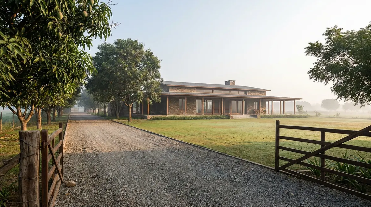 Illustrative image of a farmhouse estate with lawns and trees