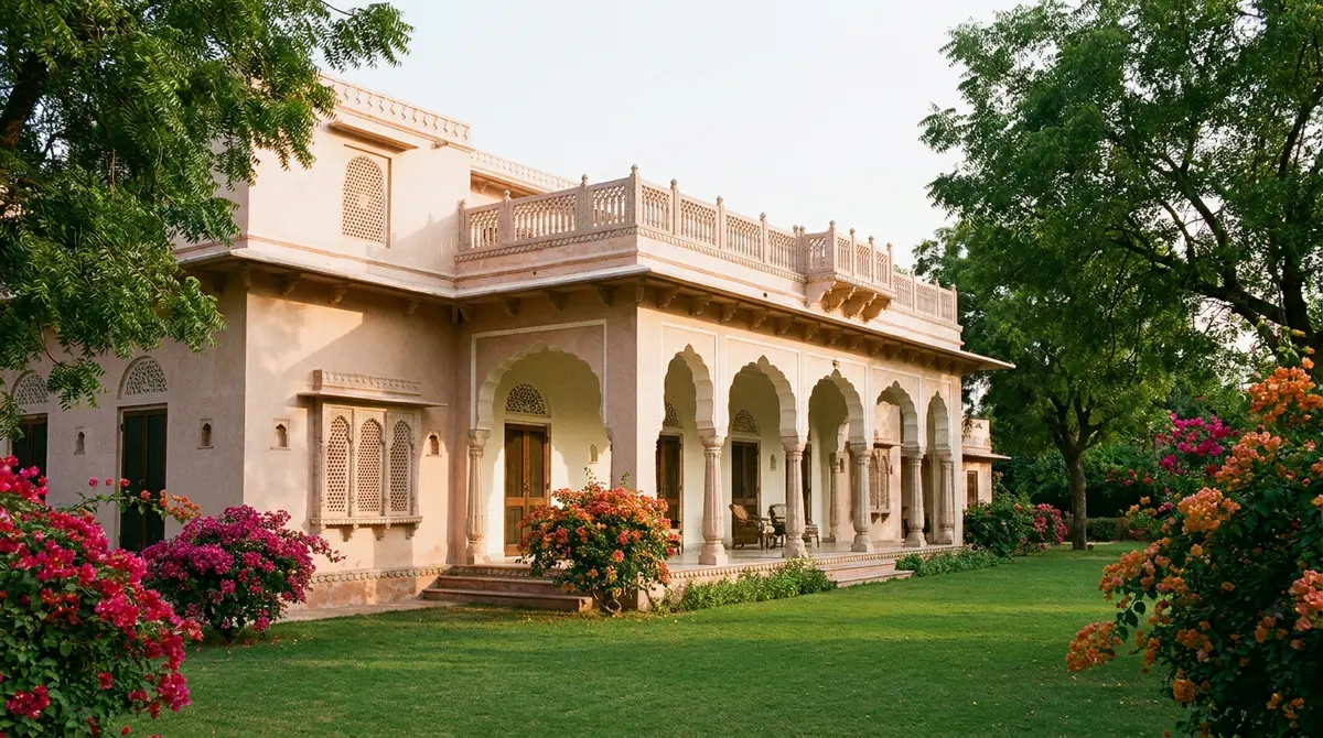Illustrative image of a Jaipur heritage bungalow with a garden