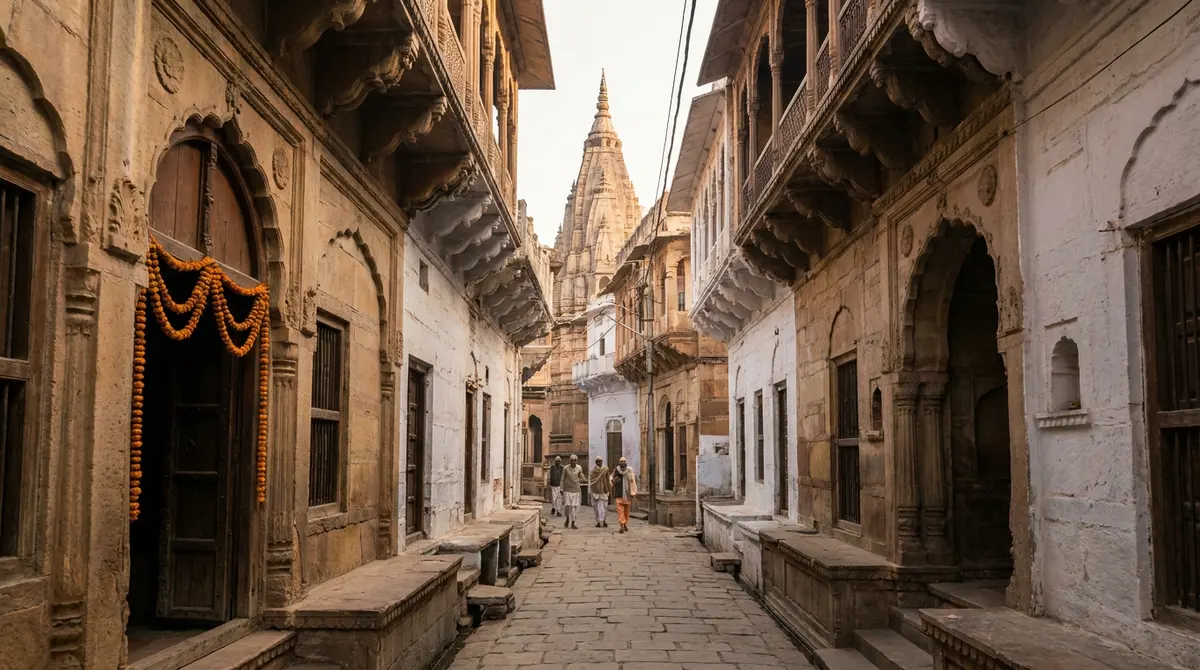 Illustrative image of a temple-town lane in Vrindavan