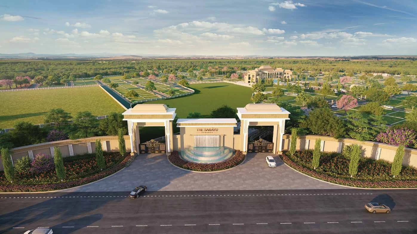 Developer visualisation of a gated villa-plot community entrance at The Sarayu